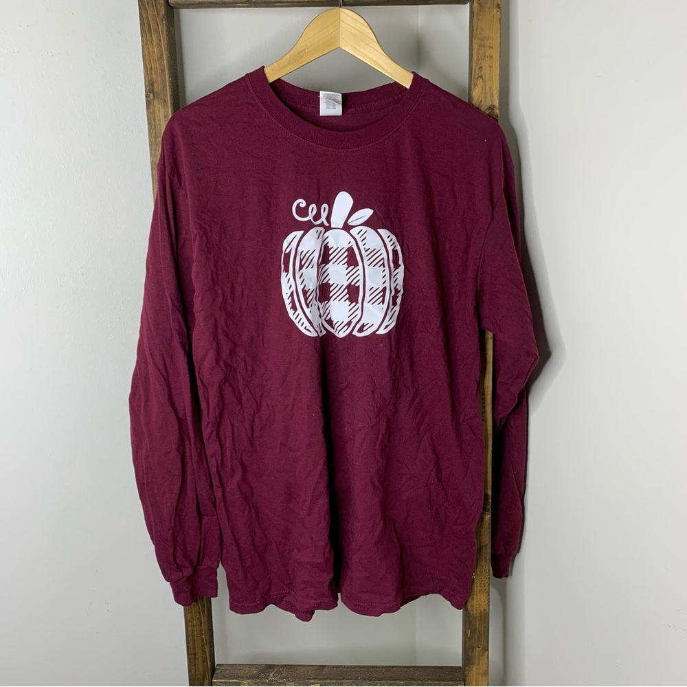 Gildan Maroon Long Sleeve Shirt with Pumpkin Graphic L